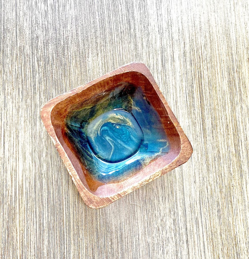 Wood trinket dish accented with resin inspired by a view of a midnight lake.